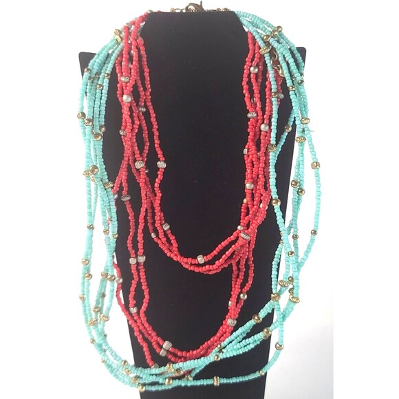 Set of 2 VTG Avenue Blue Red Seed Beaded Multiple Strands Statement Necklaces - Picture 1 of 5